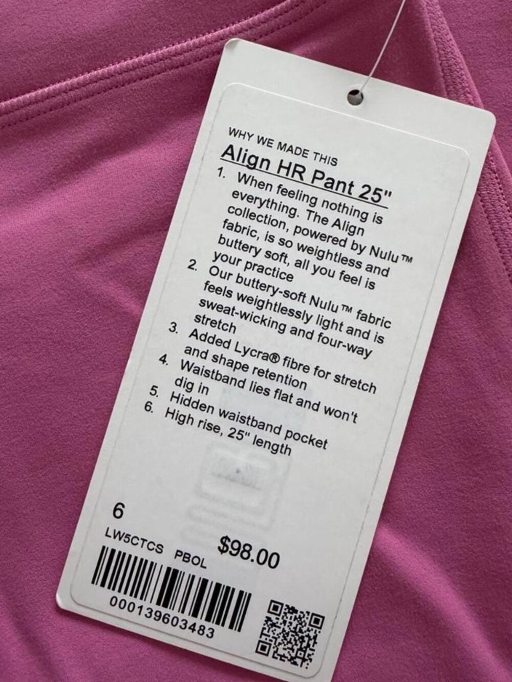 Lululemon Align High-Rise Pant 25” – Pink Blossom – Size 6 NWT $108 retail